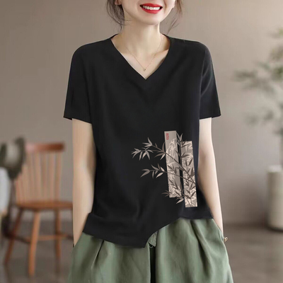 纯棉短袖V领T恤上衣女夏季
