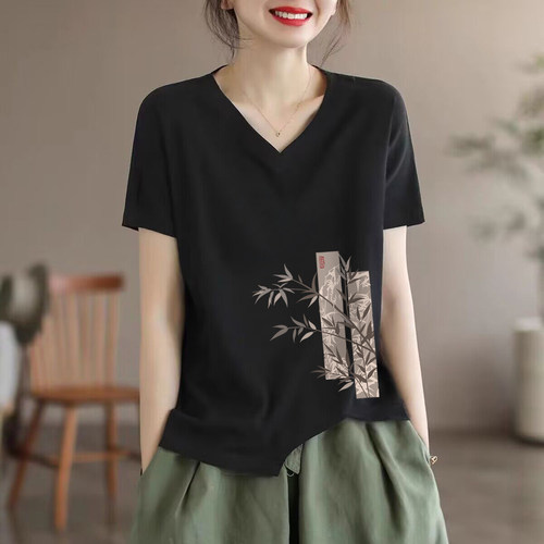 100%纯棉夏季短袖休闲V领上衣
