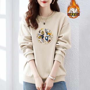 品牌外贸出品纯棉长袖 上衣 气质休闲卫衣女秋冬宽松加绒加厚打底衫