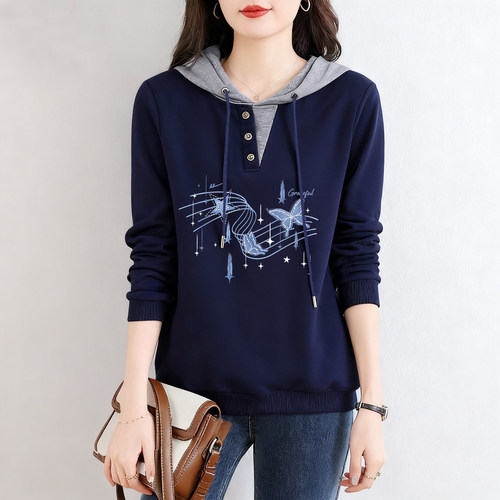 100%纯棉抽绳连帽长袖T恤女上衣