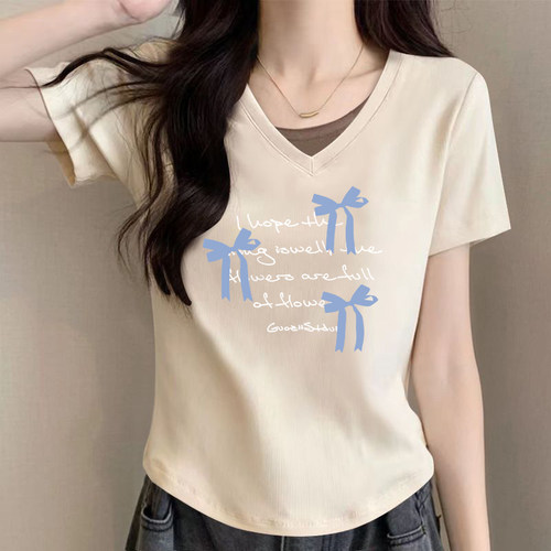 100%纯棉短袖t恤女V领上衣