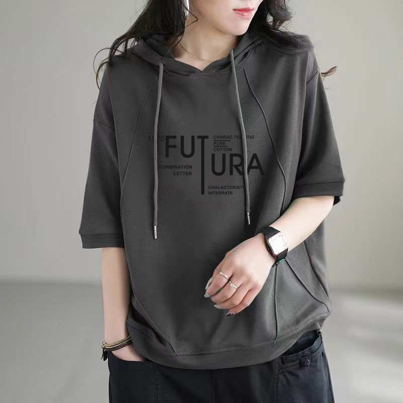100%纯棉时尚连帽短袖T恤女