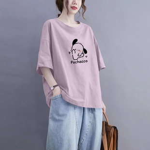 外贸出口清仓100%纯棉圆领短袖 t恤女休闲夏宽松遮肚显瘦气质上衣