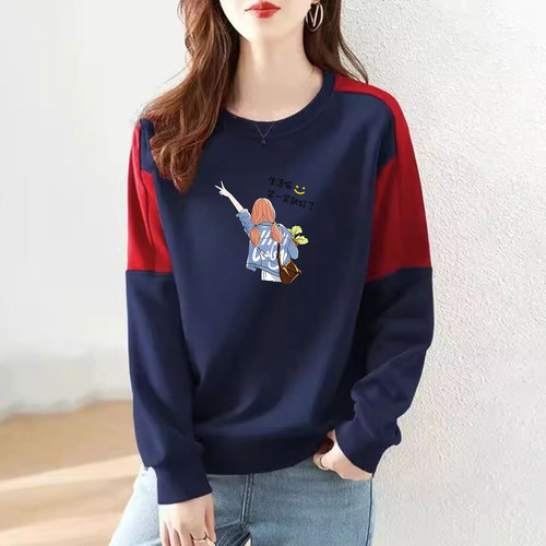 秋冬纯棉撞色大码显瘦女卫衣