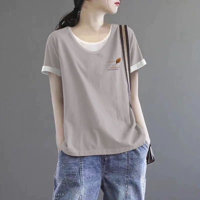 纯棉假两件印花上衣女夏季