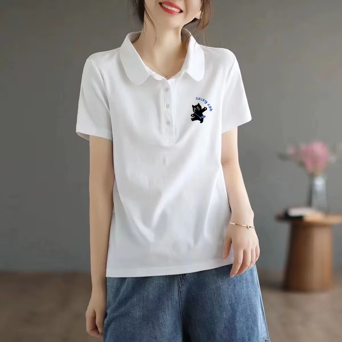 100%纯棉polo领短袖T恤上衣女