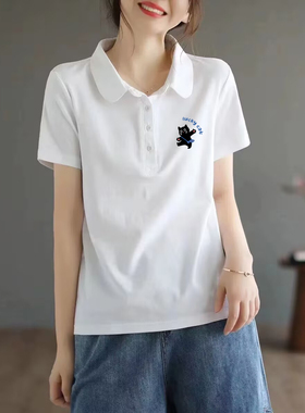 品牌专柜清仓100%纯棉polo领短袖T恤上衣女夏季文艺显瘦白色衬衣
