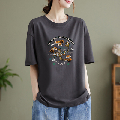 鲤鱼印花T恤短袖纯棉上衣