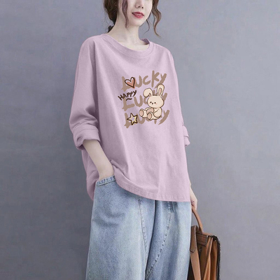 100%纯棉长袖t恤女宽松气质上衣