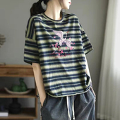 外贸出口清仓纯棉短袖 休闲气质条纹t恤女夏宽松显瘦体恤减龄上衣