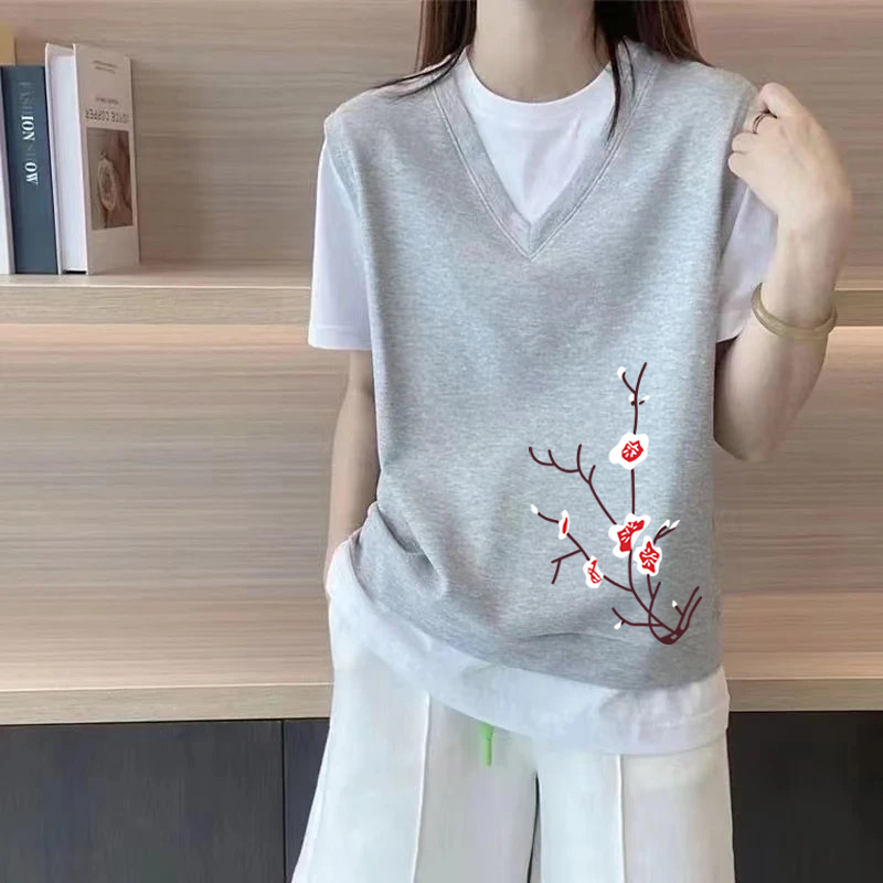 大牌清仓外贸出口100%纯棉夏季拼接假两件短袖T恤女宽松休闲上衣
