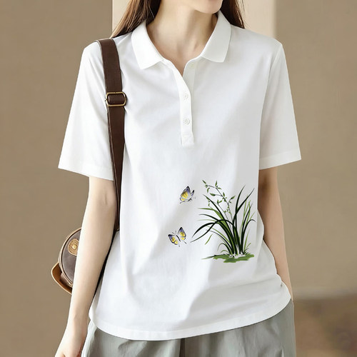 纯棉气质印花polo衫上衣