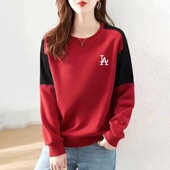 100%纯棉大码 印花上衣 拼色全棉长袖 圆领打底衫 卫衣女宽松显瘦时尚