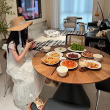 实木中古风餐桌家用小户型复古胡桃木色饭桌北欧现代简约圆形桌子