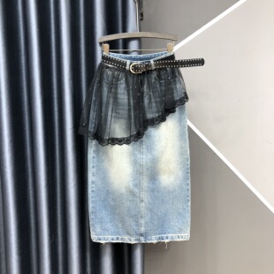 黑色网纱拼接毛边牛仔半身裙26年春夏新款 洋气直筒中长裙 蓝色时尚