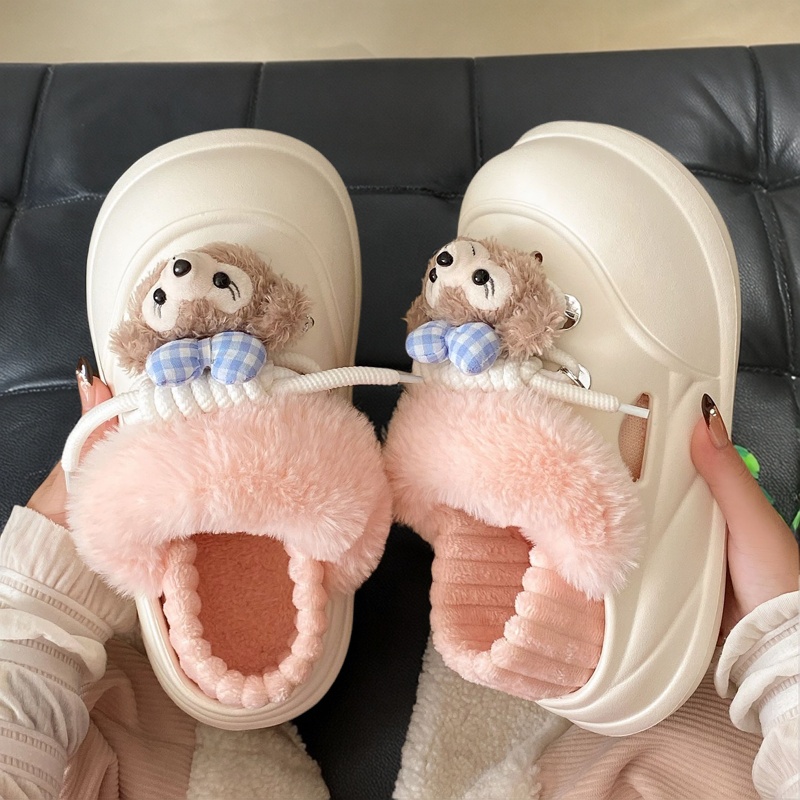 Bzbz冬季加绒保暖软底增高棉鞋时尚百搭厚底包跟外穿防滑棉拖鞋女