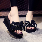 Bzbz坡跟厚底一字拖鞋 平底蝴蝶结沙滩拖鞋 女夏时尚 外穿高跟凉拖鞋