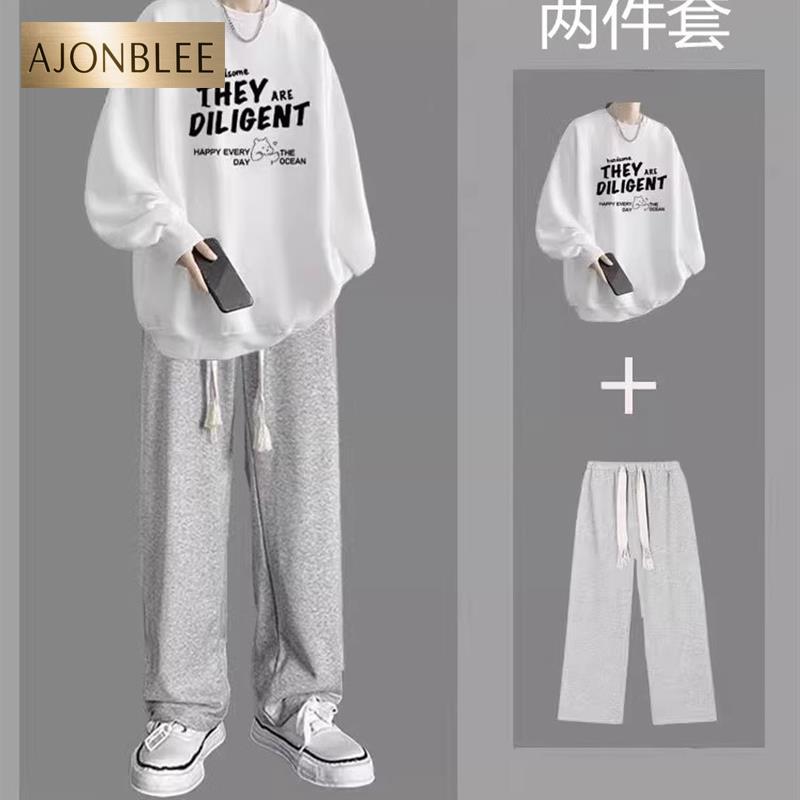 秋冬款休闲卫衣套装男生帅气加绒加厚一套搭配潮流宽松男装两件套