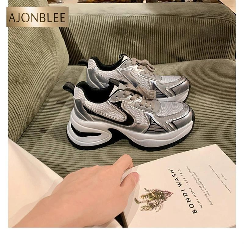 赵露思同款老爹鞋女2024春新款小个子内增高10cm太空银厚底运动鞋