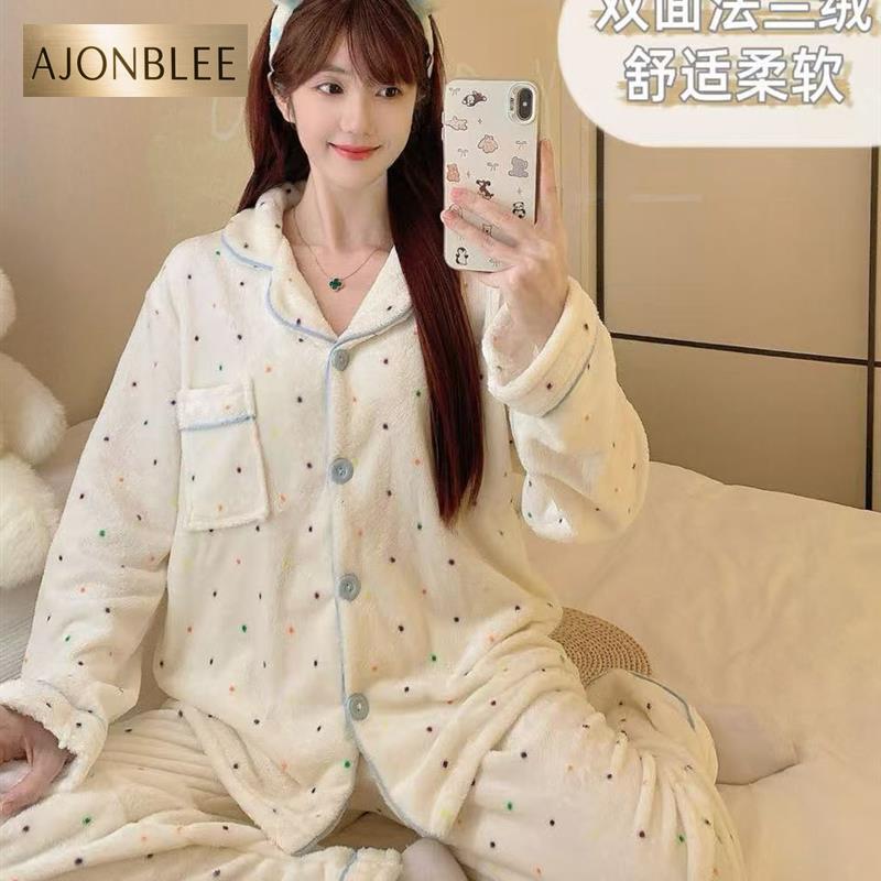 珊瑚绒睡衣秋冬款女加绒加厚卡通可爱法兰绒可外穿长袖家居服套装