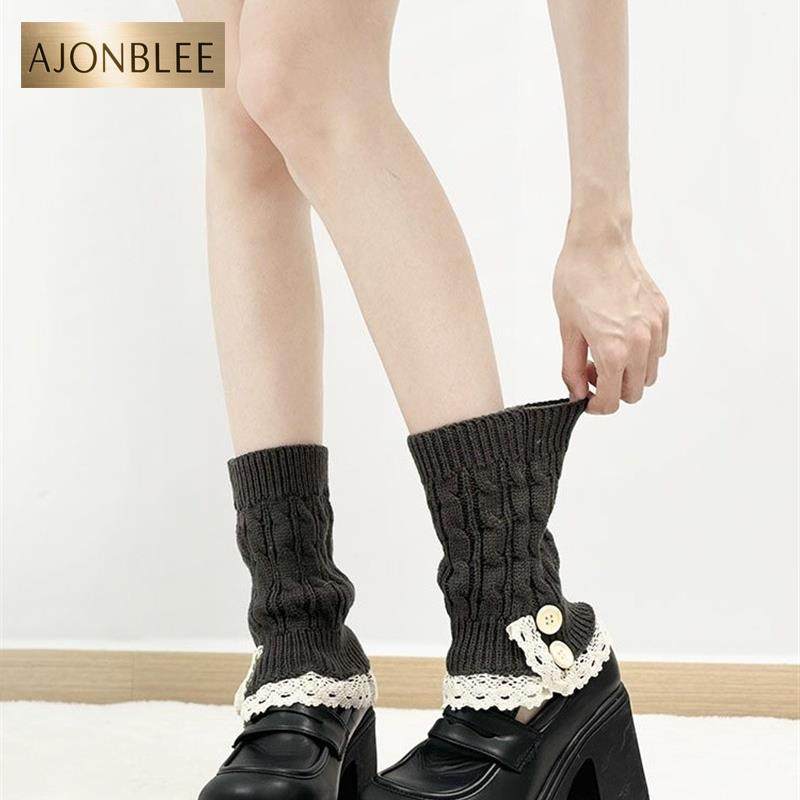 蕾丝花边针织腿套白色纽扣堆堆袜套春秋麻花纹短筒脚套