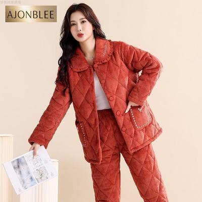 睡衣女冬季珊瑚绒三层夹棉加厚超厚加绒保暖可爱中长款家居服套装