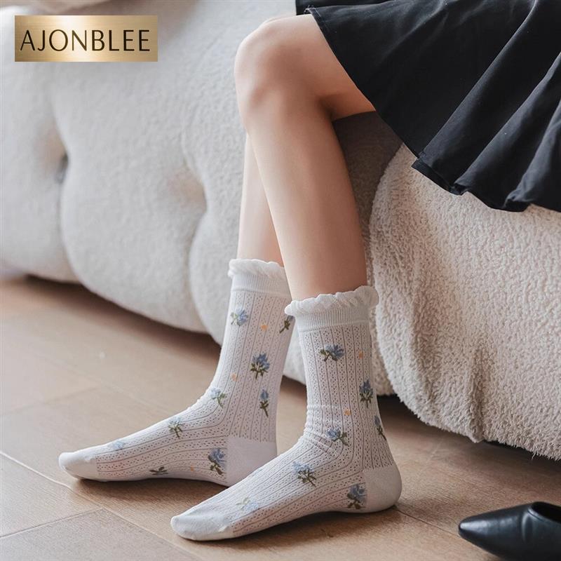 夏天薄款木耳花边袜子女~日系简约舒适百搭中筒袜堆堆袜