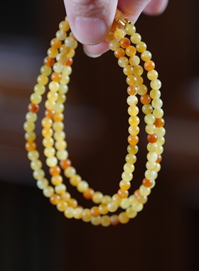 稀有全皮！天然新疆籽料和田玉4毫米baby圆珠黄沁约150颗多圈手链