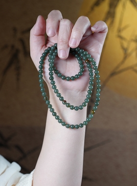 苍穹之眸。新疆沙枣青籽料和田玉真皮6毫米108颗多圈手项链