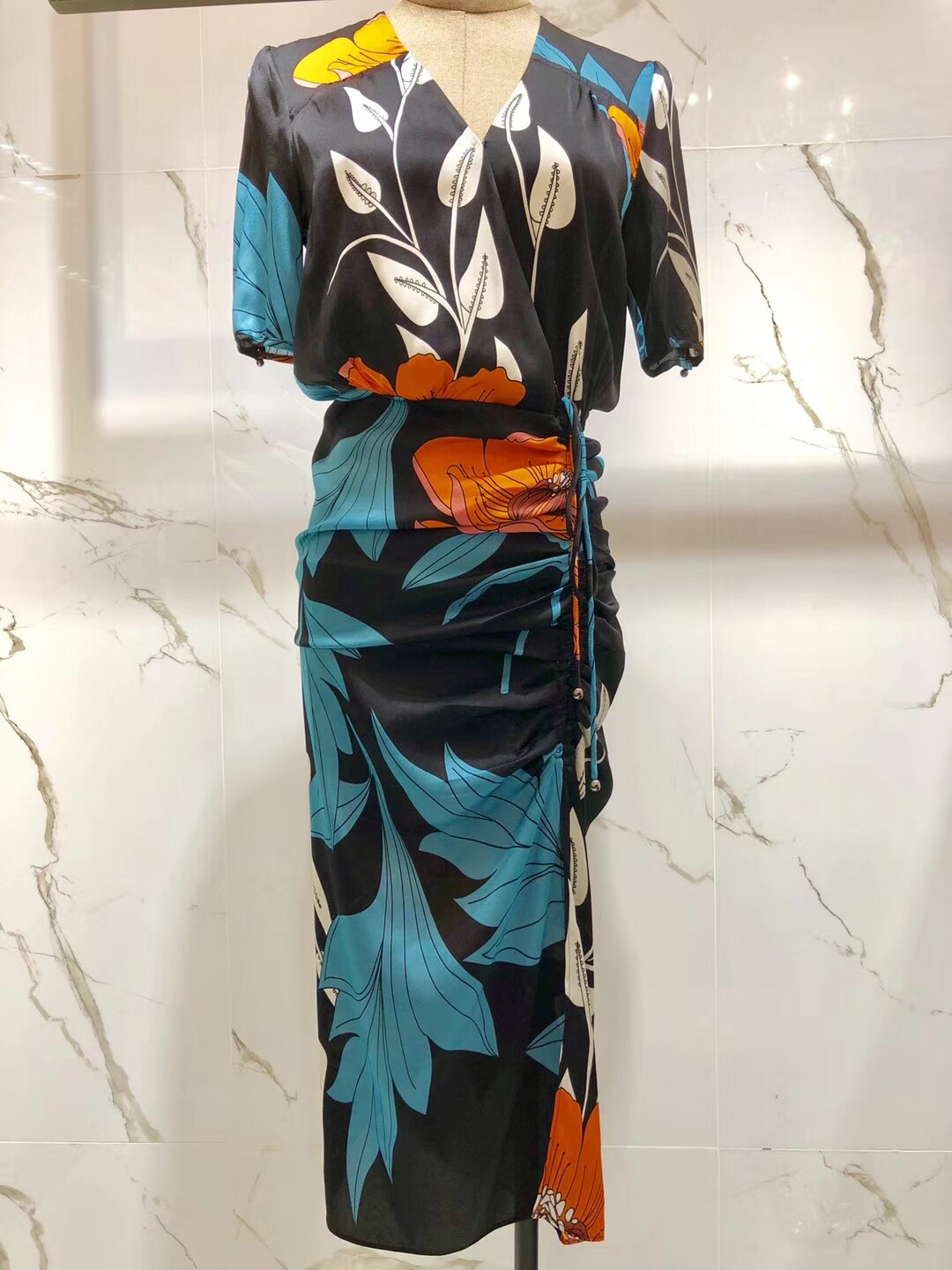 桑蚕丝开叉显瘦连衣裙单件印花真丝花色女士性感收腰精品