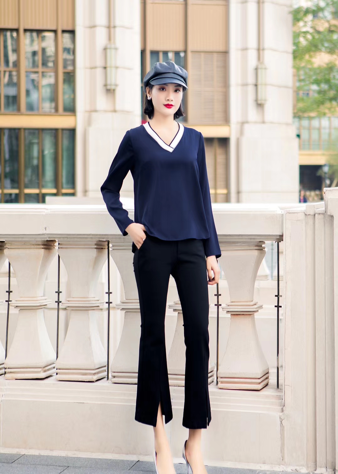 V领百搭款长袖时尚真丝衬衫