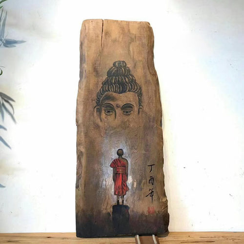 风化木板画手绘漆画复古怀旧佛头
