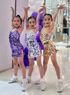 拉丁女童专业比赛服团体舞独舞表演服装烫钻亮片花服裸服乐贝儿舞
