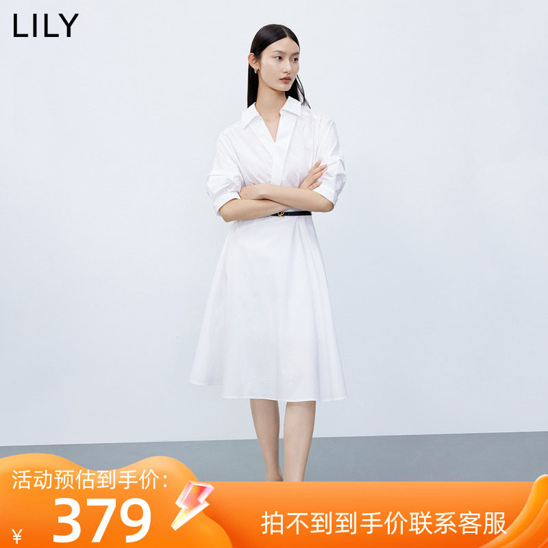LILY2023秋新款女装气质通勤款别致洋气减龄复古衬衫连衣裙小白裙