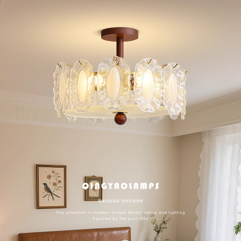 QINGYAO清瑶 卧室灯法式轻奢实木主卧客厅珍珠玻璃灯中古风灯具
