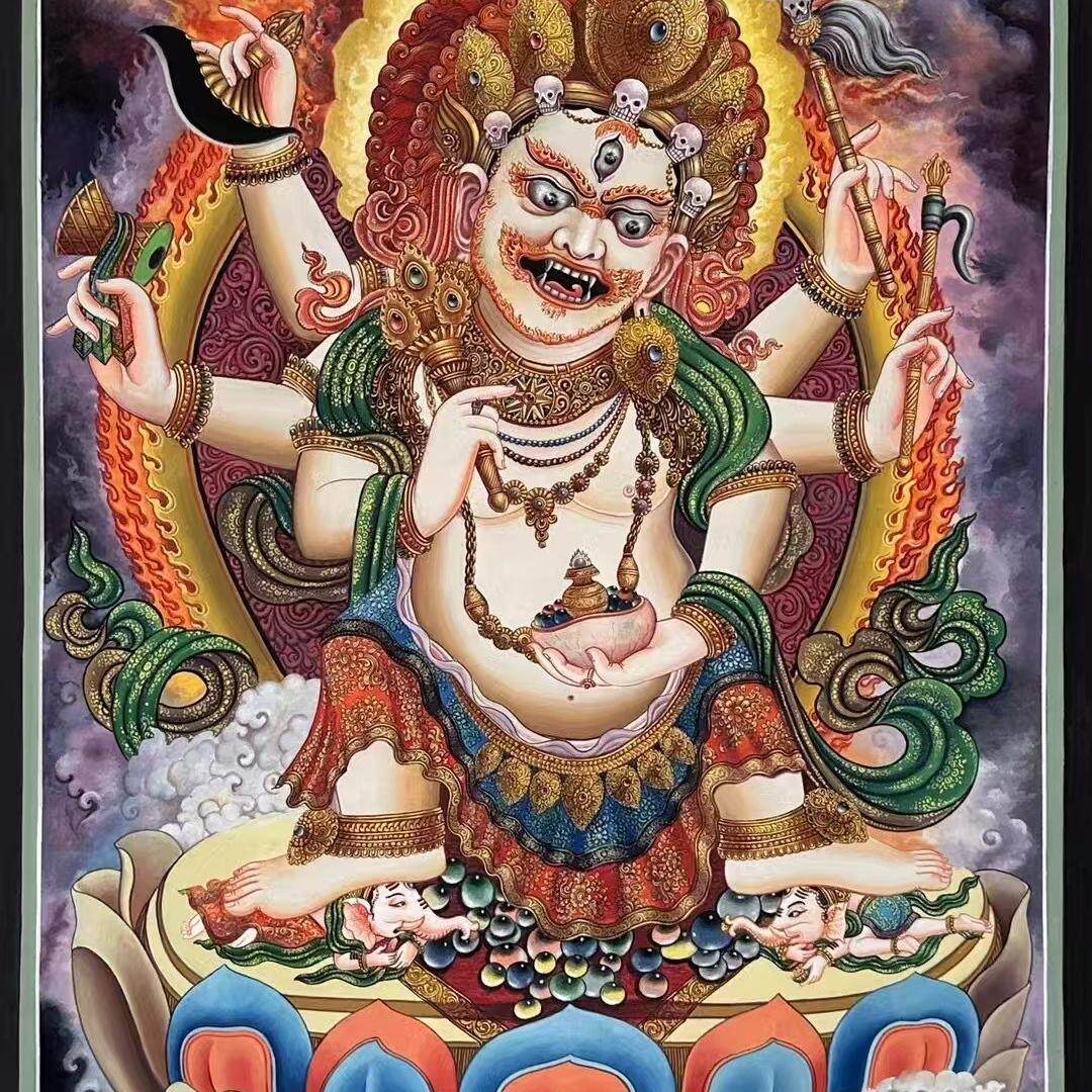 尼泊尔纽瓦力手绘唐卡白六臂玛哈嘎拉藏式挂画