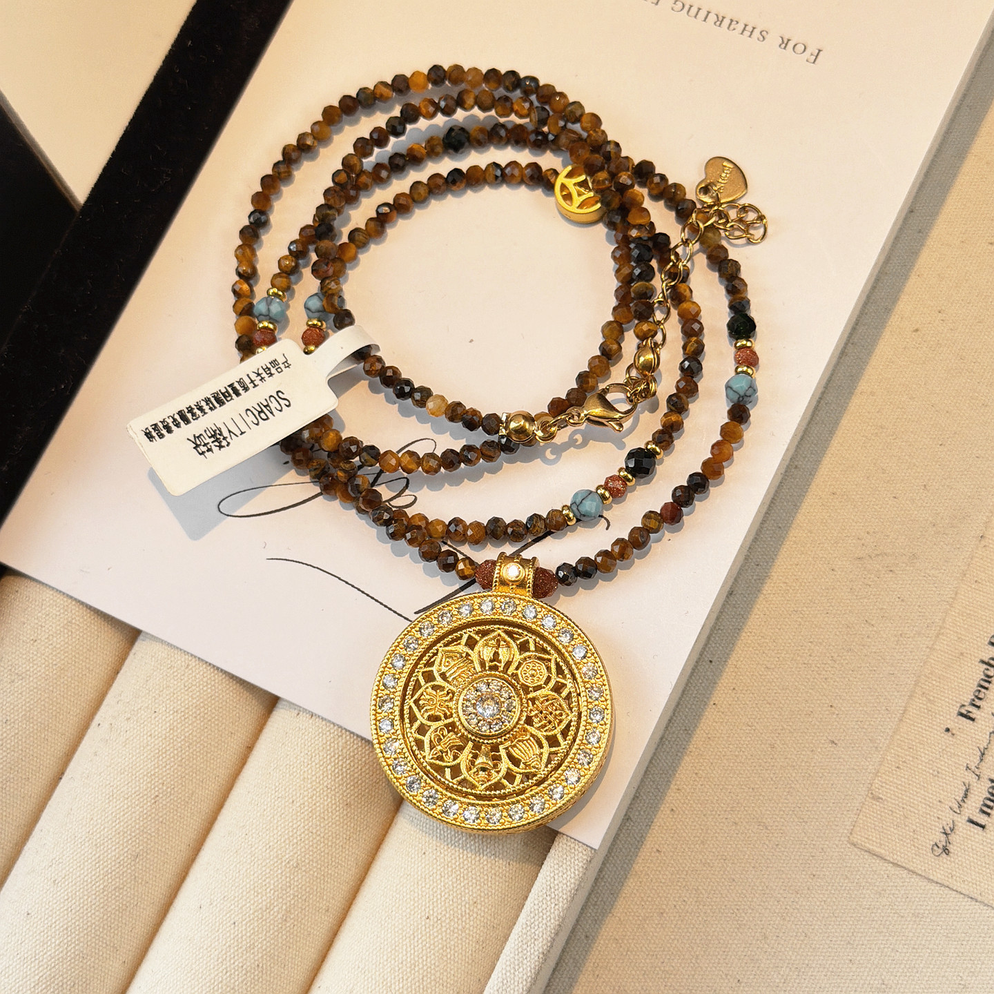 可转动罗盘天然虎眼石毛衣链 原创镶钻吊坠长款项链秋冬百搭饰品