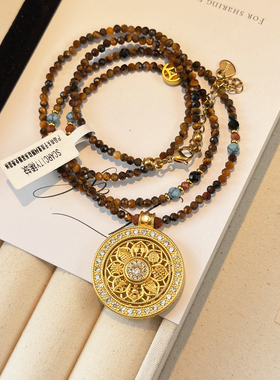 可转动罗盘天然虎眼石毛衣链 原创镶钻吊坠长款项链秋冬百搭饰品