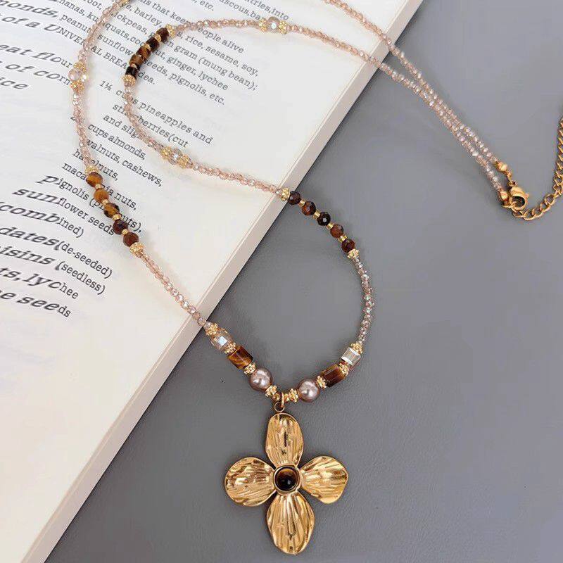 虎眼石珍珠美拉德花串珠长款项链吊坠女毛衣链轻奢高级感复古饰品