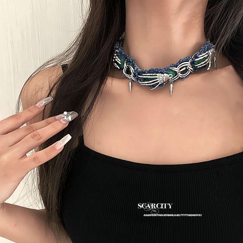choker朋克鬼爪链条缠绕手工子弹头y2k小众设计牛仔布女颈链项链
