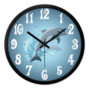 摩门可爱卡通海豚挂钟儿童房间卧室静音挂表圆形石英钟表金属时钟