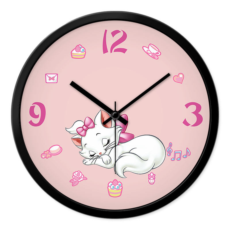 摩门儿童房卡通小猫挂钟卧室客厅静音时钟电子石英钟表粉红色挂表