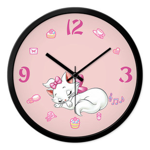 摩门儿童房卡通小猫挂钟卧室客厅静音时钟电子石英钟表粉红色挂表