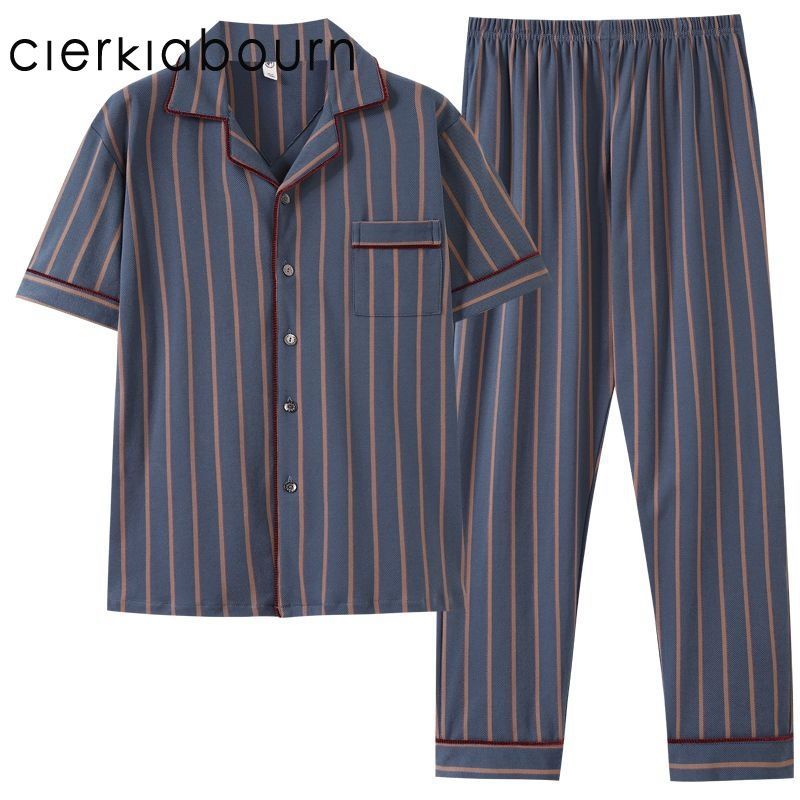 睡衣男士夏季100%纯棉短袖长裤男款夏天薄款青中老年家居服套装