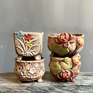 大口径多肉花盆拼盘粗陶手绘素陶田园风创意个性肉肉植物