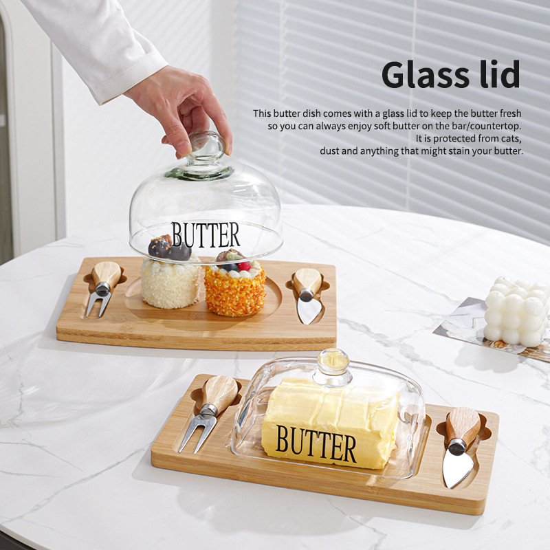 亚马逊玻璃盖黄油盒黄油储物罐带盖托盘奶酪收纳盒甜点碟盒配刀