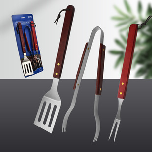 中号410不锈钢烧烤工具3件套烧烤铲叉夹露营BBQ木柄烧烤工具套装