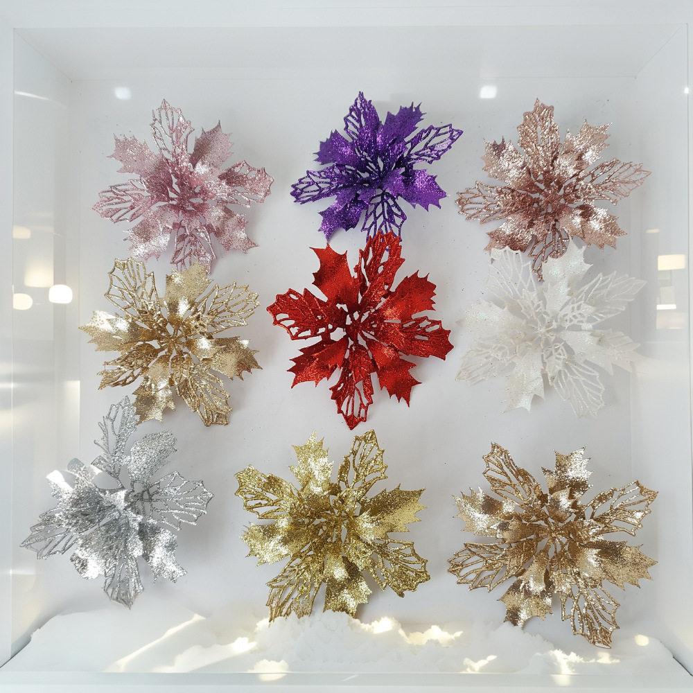 15cm仿真圣诞花镂空金粉花装饰亮片配饰金粉圣诞树装饰布置