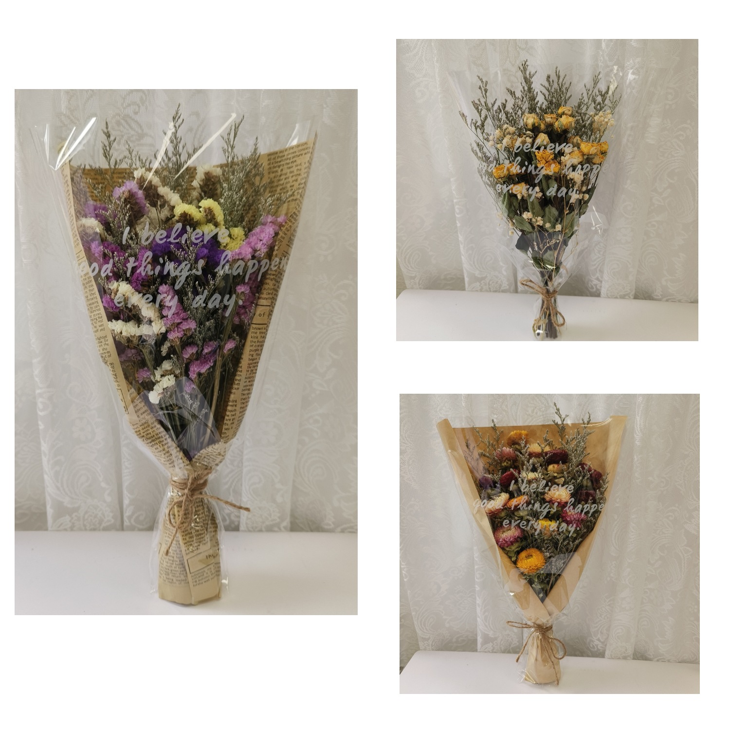 Dried flower bouquet, forget me not, roses, daisies, sunflo