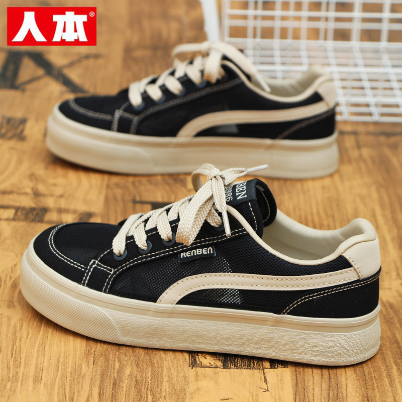 人本网面帆布鞋女2026夏季新款透气黑色休闲板鞋女士薄款运动鞋子